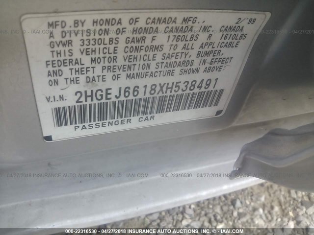 2HGEJ6618XH538491 - 1999 HONDA CIVIC SE SILVER photo 9