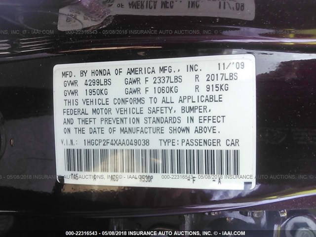 1HGCP2F4XAA049038 - 2010 HONDA ACCORD LXP BURGUNDY photo 9