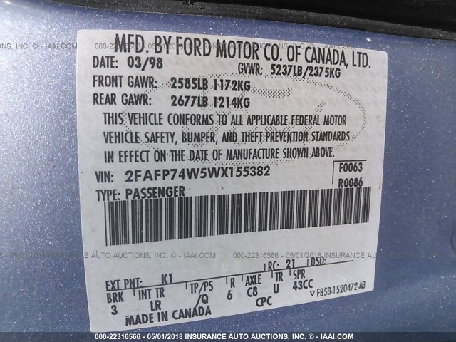 2FAFP74W5WX155382 - 1998 FORD CROWN VICTORIA LX BLUE photo 9