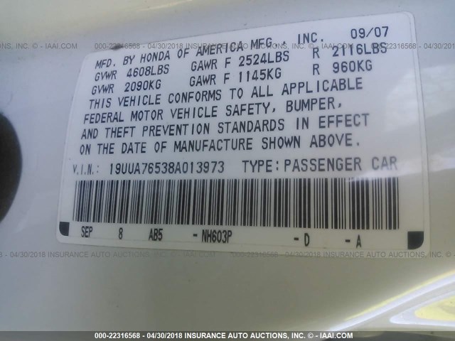 19UUA76538A013973 - 2008 ACURA TL TYPE S WHITE photo 9