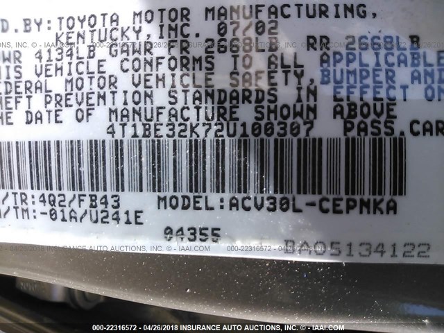 4T1BE32K72U100307 - 2002 TOYOTA CAMRY LE/XLE/SE BEIGE photo 9