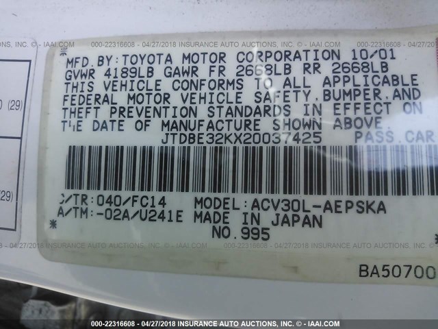 JTDBE32KX20037425 - 2002 TOYOTA CAMRY LE/XLE/SE 白色 照片 9