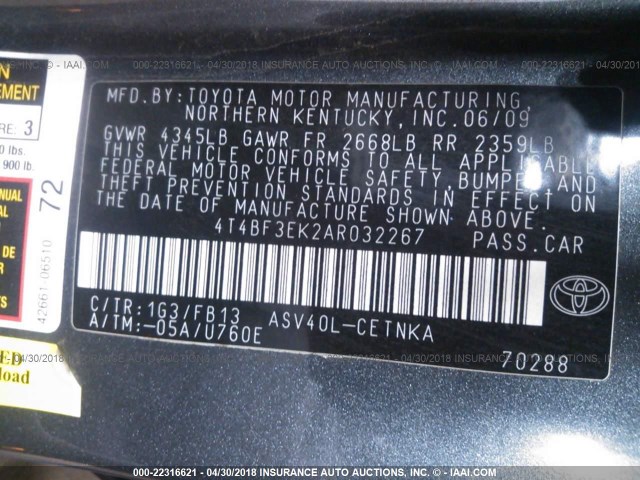 4T4BF3EK2AR032267 - 2010 TOYOTA CAMRY SE/LE/XLE 灰色 照片 9