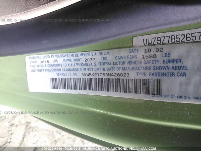 3VWBK21C63M426023 - 2003 VOLKSWAGEN NEW BEETLE GL 灰色 照片 9