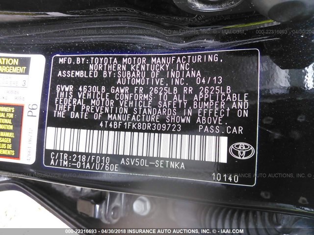 4T4BF1FK8DR309723 - 2013 TOYOTA CAMRY L/SE/LE/XLE შავი ფოტო 9