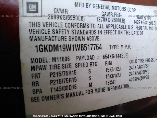 1GKDM19W1WB517764 - 1998 GMC SAFARI XT MAROON photo 9