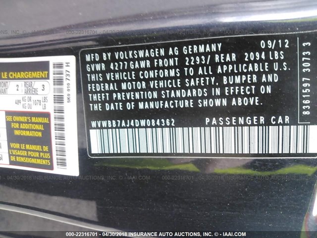 WVWBB7AJ4DW084362 - 2013 VOLKSWAGEN GOLF BLUE photo 9