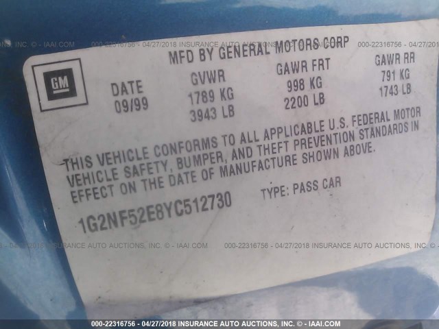 1G2NF52E8YC512730 - 2000 PONTIAC GRAND AM SE1 BLUE photo 9