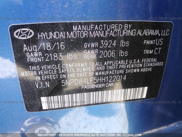 5NPD84LF5HH122014 - 2017 HYUNDAI ELANTRA SE/VALUE/LIMITED BLUE photo 9