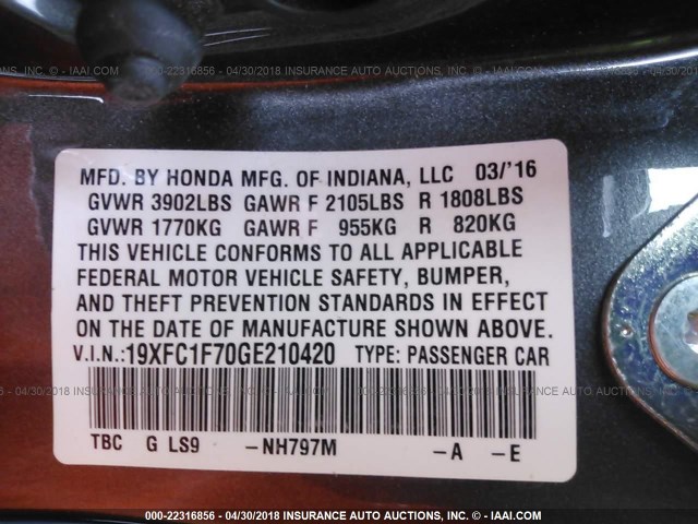 19XFC1F70GE210420 - 2016 HONDA CIVIC EXL ნაცრისფერი ფოტო 9