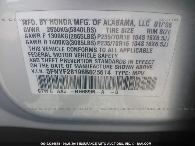 5FNYF28196B025614 - 2006 HONDA PILOT LX SILVER photo 9