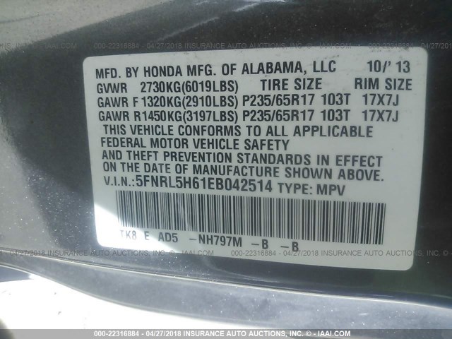 5FNRL5H61EB042514 - 2014 HONDA ODYSSEY EXL GRAY photo 9