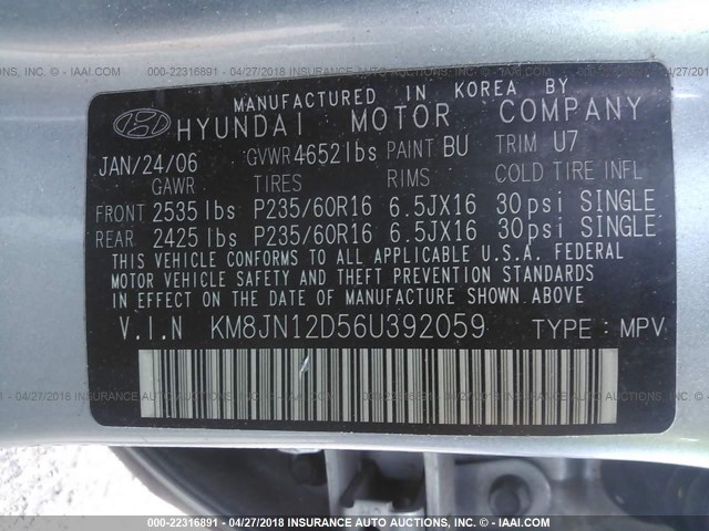 KM8JN12D56U392059 - 2006 HYUNDAI TUCSON GLS/LIMITED Light Blue photo 9