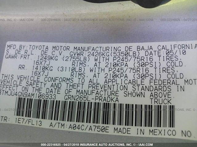 3TMJU4GN9AM106933 - 2010 TOYOTA TACOMA DOUBLE CAB PRERUNNER SILVER photo 9