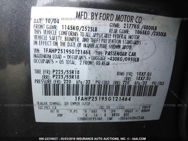1FAHP25195G121464 - 2005 FORD FIVE HUNDRED LIMITED GRAY photo 9