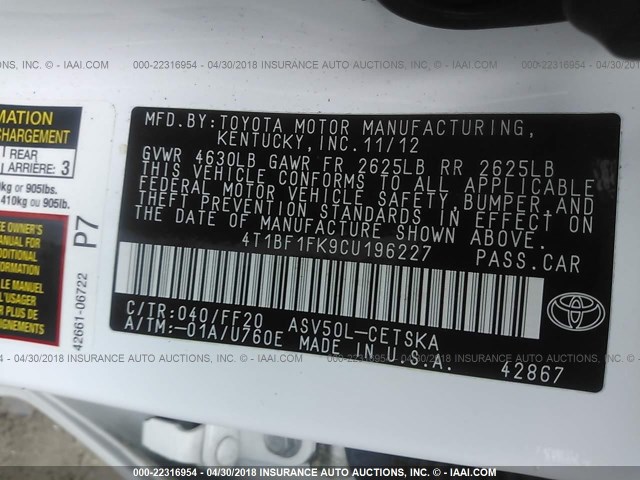 4T1BF1FK9CU196227 - 2012 TOYOTA CAMRY SE/LE/XLE 白色 照片 9