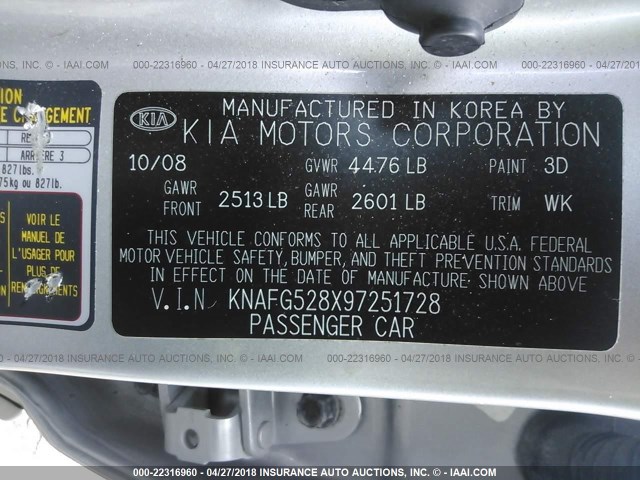 KNAFG528X97251728 - 2009 KIA RONDO LX/EX SILVER photo 9