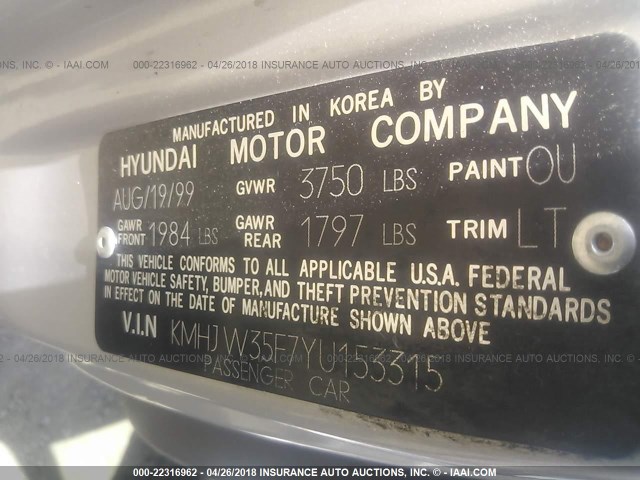 KMHJW35F7YU153315 - 2000 HYUNDAI ELANTRA GLS SILVER photo 9