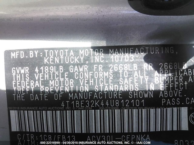 4T1BE32K44U812101 - 2004 TOYOTA CAMRY LE/XLE/SE SILVER photo 9