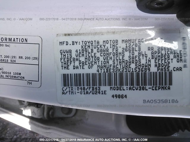 4T1BE32K23U153689 - 2003 TOYOTA CAMRY LE/XLE/SE 白色 照片 9