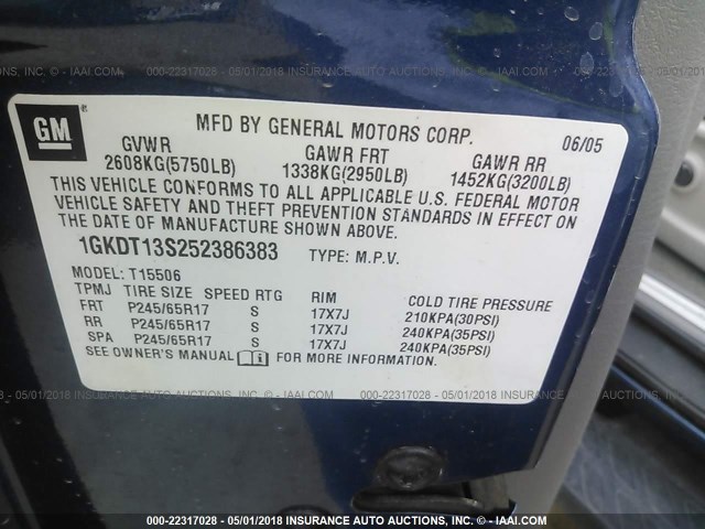 1GKDT13S252386383 - 2005 GMC ENVOY BLUE photo 9