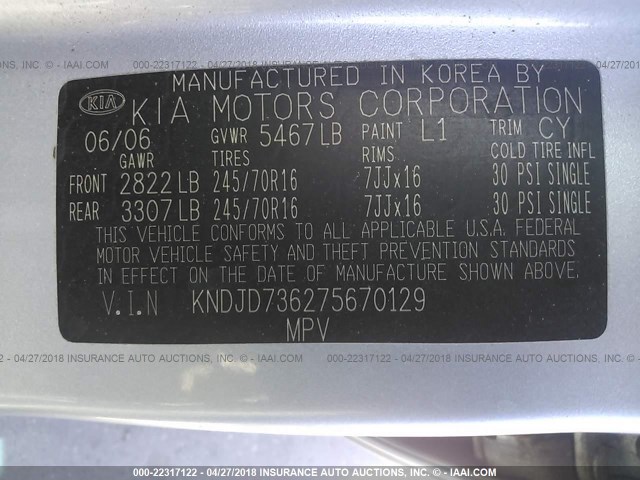 KNDJD736275670129 - 2007 KIA SORENTO EX/LX BLUE photo 9