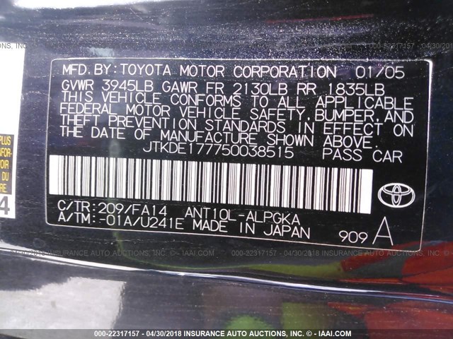 JTKDE177750038515 - 2005 TOYOTA SCION TC BLACK photo 9