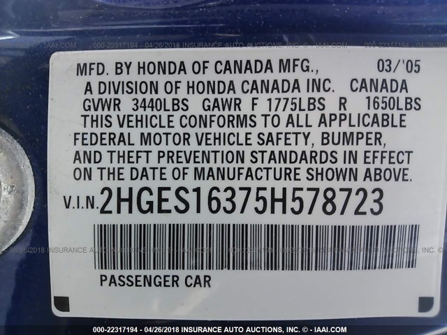 2HGES16375H578723 - 2005 HONDA CIVIC DX VP BLUE photo 9