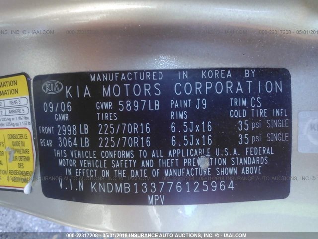 KNDMB133776125964 - 2007 KIA SEDONA EX/LX GOLD photo 9