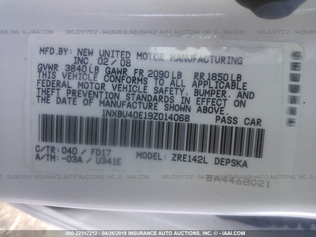 1NXBU40E19Z014068 - 2009 TOYOTA COROLLA S/LE/XLE WHITE photo 9