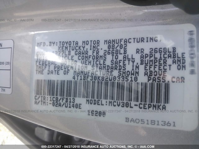 4T1BF30K82U033510 - 2002 TOYOTA CAMRY LE/XLE/SE 银色 照片 9