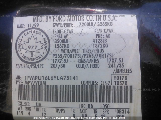 1FMPU16L6YLA75141 - 2000 FORD EXPEDITION XLT შავი ფოტო 9