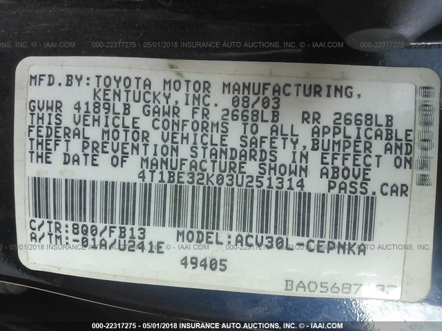 4T1BE32K03U251314 - 2003 TOYOTA CAMRY LE/XLE/SE Mavi foto 9
