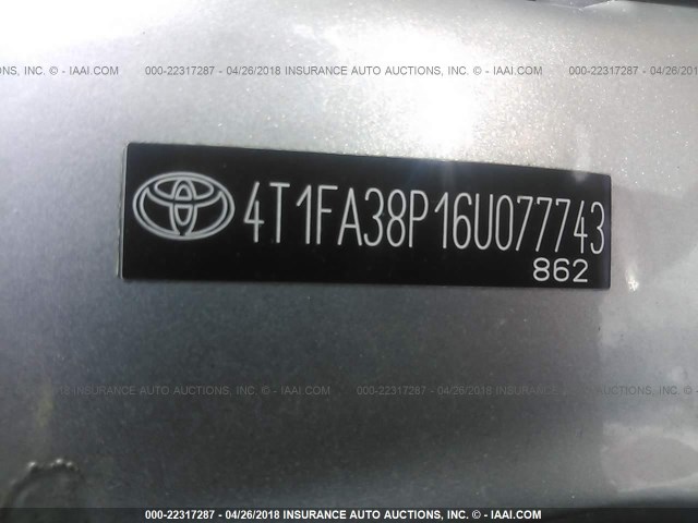 4T1FA38P16U077743 - 2006 TOYOTA CAMRY SOLARA SE/SLE SILVER photo 9