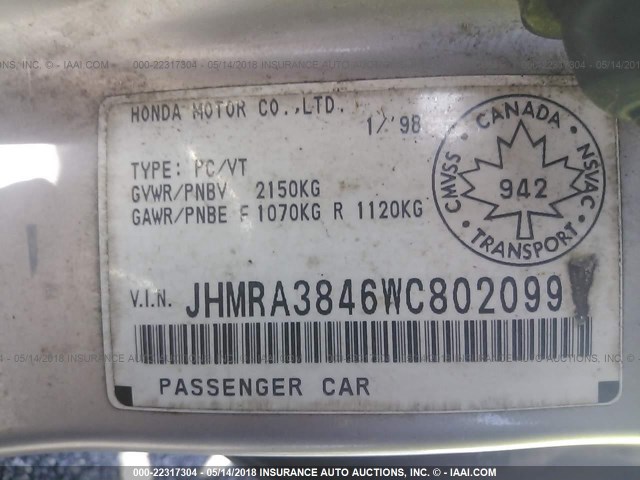 JHMRA3846WC802099 - 1998 HONDA ODYSSEY LX/EX SILVER photo 9