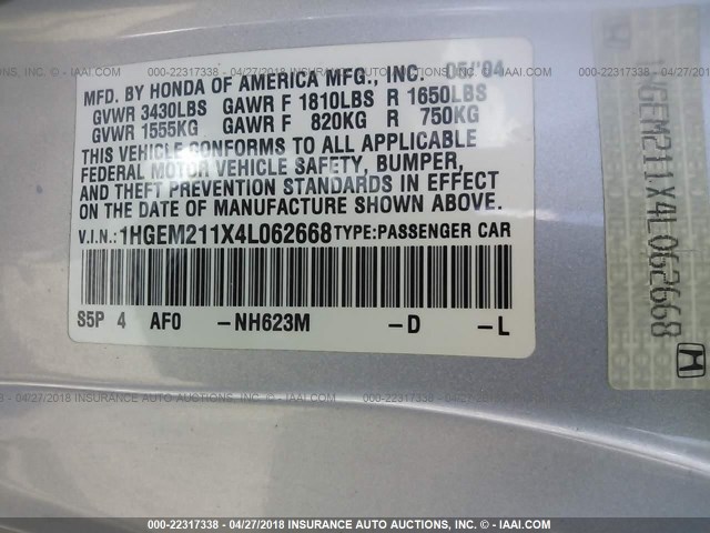 1HGEM211X4L062668 - 2004 HONDA CIVIC DX VP SILVER photo 9