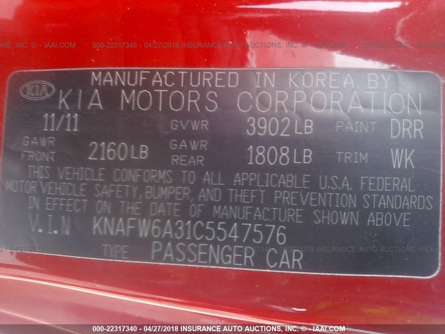 KNAFW6A31C5547576 - 2012 KIA FORTE SX RED photo 9