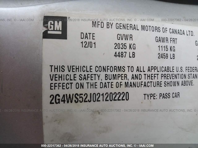 2G4WS52J021202220 - 2002 BUICK CENTURY CUSTOM SILVER photo 9