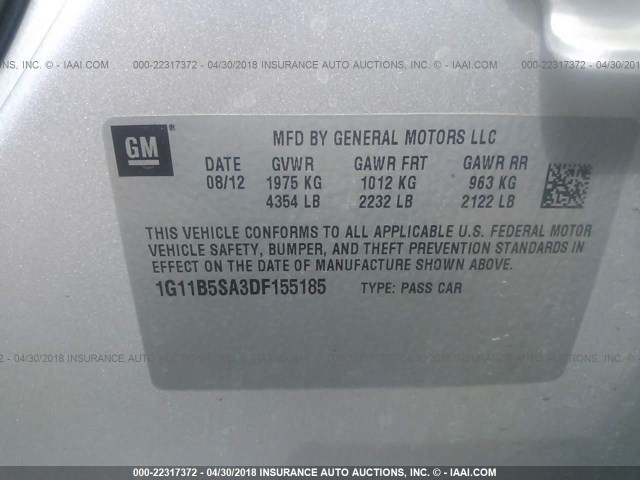 1G11B5SA3DF155185 - 2013 CHEVROLET MALIBU LS SILVER photo 9