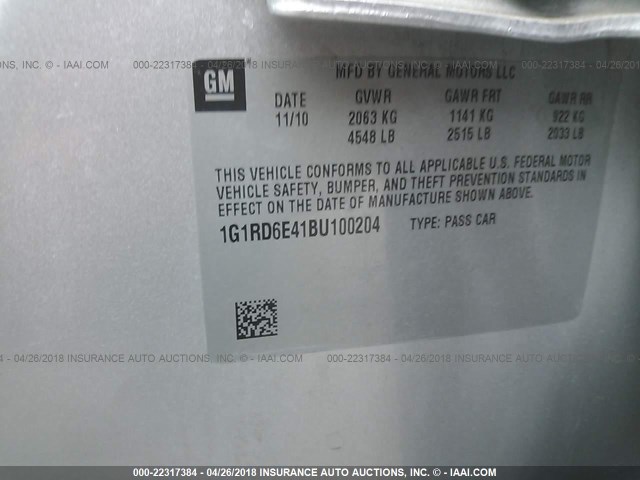 1G1RD6E41BU100204 - 2011 CHEVROLET VOLT SILVER photo 9