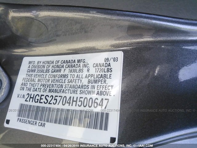 2HGES25704H500647 - 2004 HONDA CIVIC EX GRAY photo 9