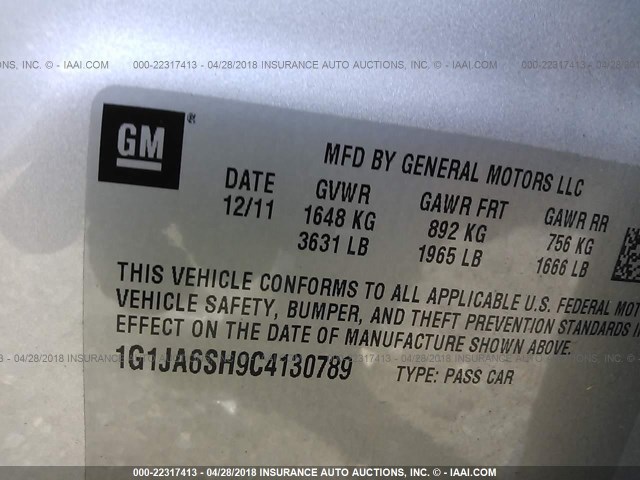 1G1JA6SH9C4130789 - 2012 CHEVROLET SONIC LS 银色 照片 9