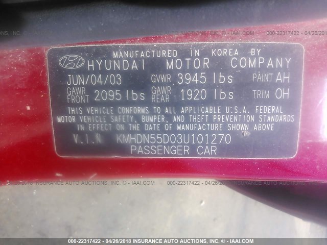 KMHDN55D03U101270 - 2003 HYUNDAI ELANTRA GLS/GT BURGUNDY photo 9