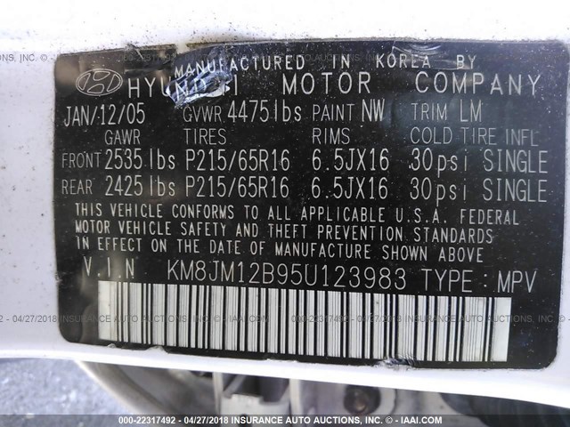 KM8JM12B95U123983 - 2005 HYUNDAI TUCSON GL WHITE photo 9