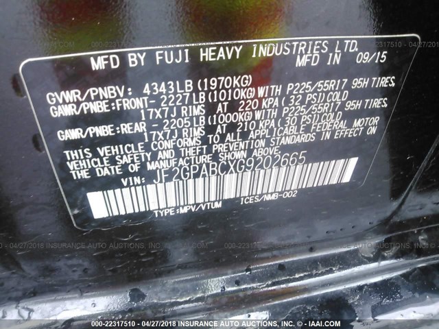 JF2GPABCXG9202665 - 2016 SUBARU CROSSTREK PREMIUM შავი ფოტო 9