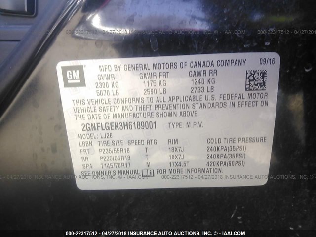 2GNFLGEK3H6189001 - 2017 CHEVROLET EQUINOX PREMIER BLACK photo 9