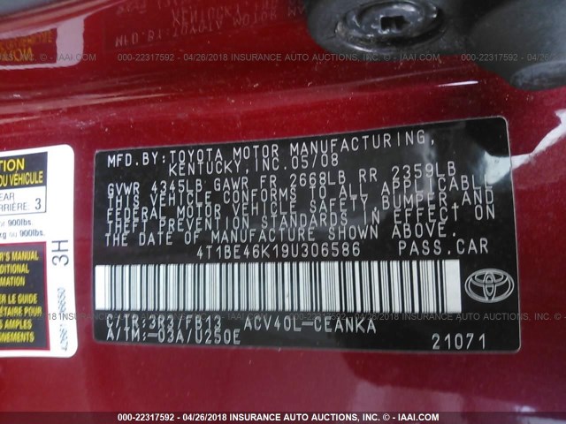 4T1BE46K19U306586 - 2009 TOYOTA CAMRY SE/LE/XLE MAROON photo 9