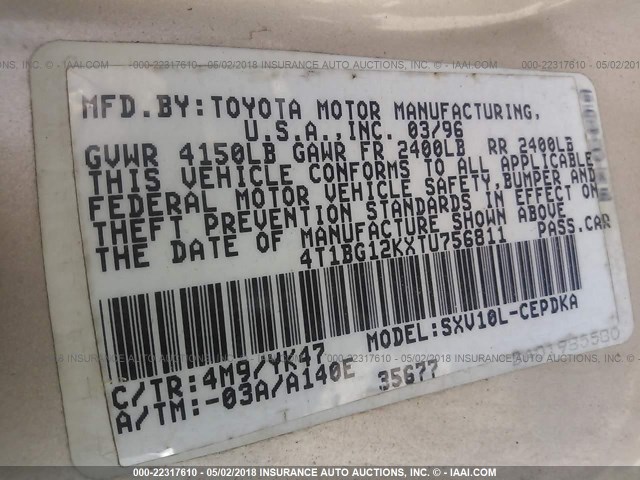 4T1BG12KXTU756811 - 1996 TOYOTA CAMRY DX/LE/XLE BEIGE photo 9