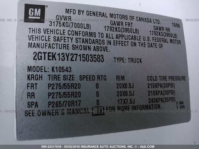 2GTEK13Y271503583 - 2007 GMC NEW SIERRA K1500 WHITE photo 9