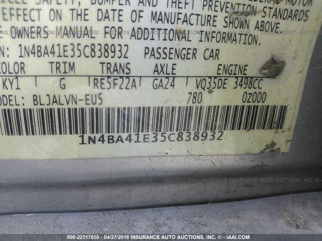 1N4BA41E35C838932 - 2005 NISSAN MAXIMA SE/SL SILVER photo 9